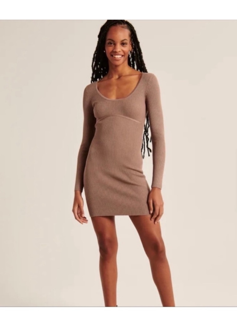 Abercrombie & Fitch Ribbed Scoop-Neck Mini Dress — Taupe
